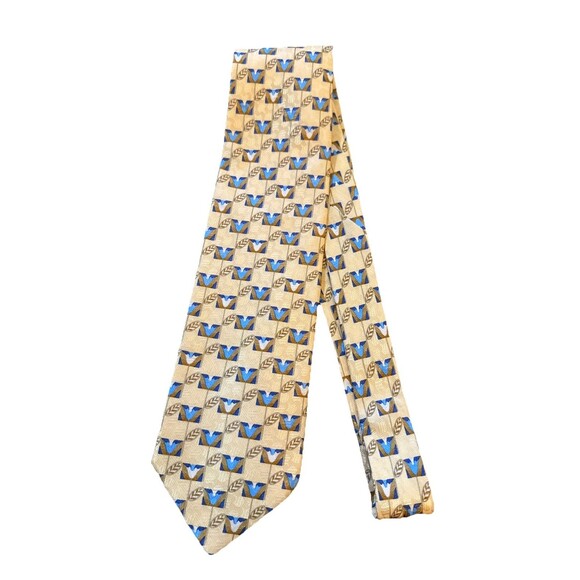 Ermenegildo Zenga Men’s Tie Yellow Blue Ivory Feathers 100% Silk 4” Italian EUC - Picture 2 of 7